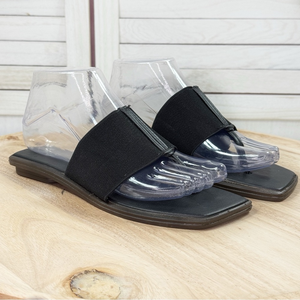 Ragg Elastic Strap Square Toe Slide Thong Sandals Black Size 6